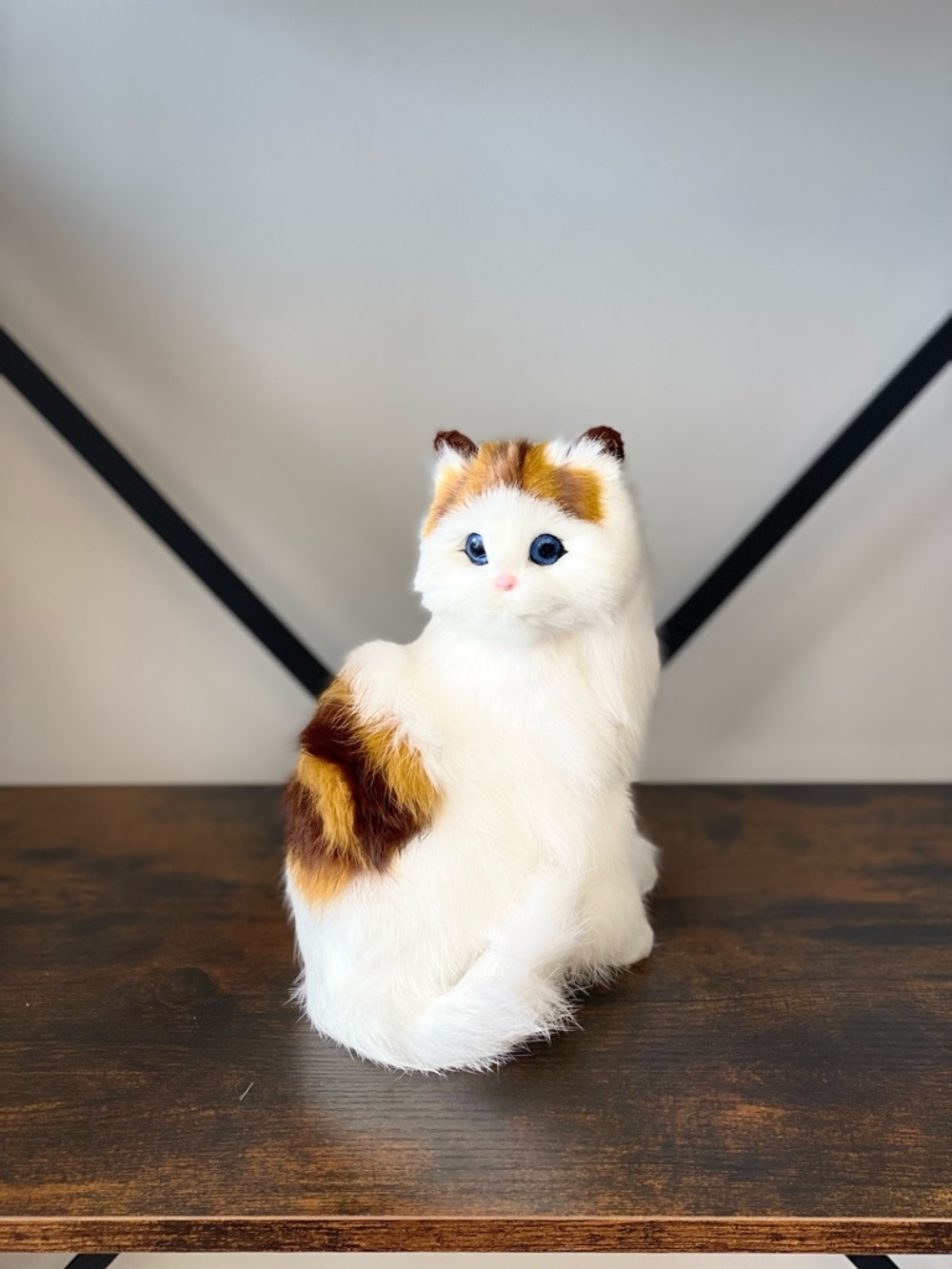 White & Brown realistic Cat Figurine - Faux Fur Decorative Kitty